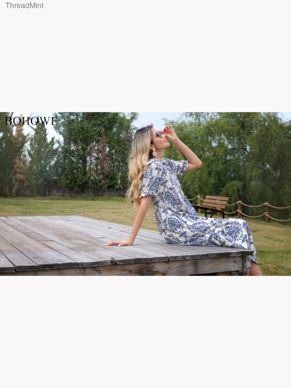 V Neck Short Sleeve Midi Dress with Pockets Floral A-Line Summer - Picture 7 of 7